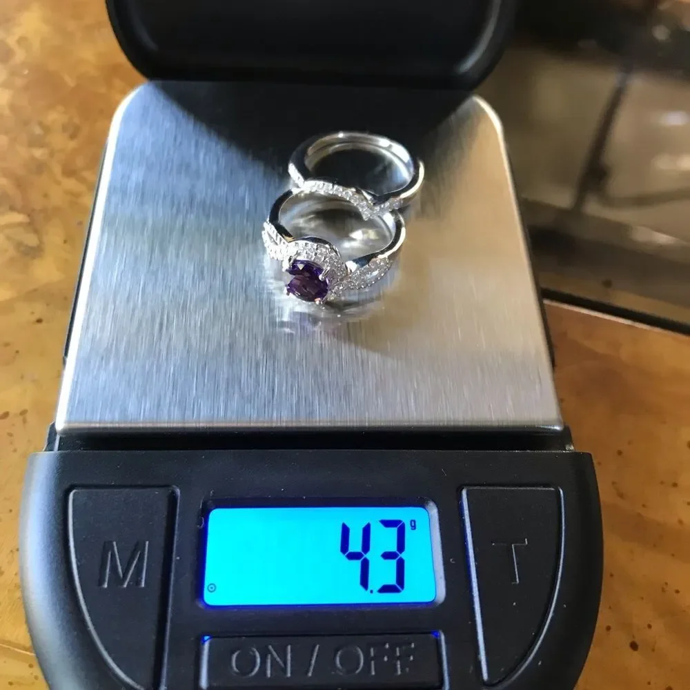 Natural Amethyst Moissanite Sterling Silver Ring Set Size 5
